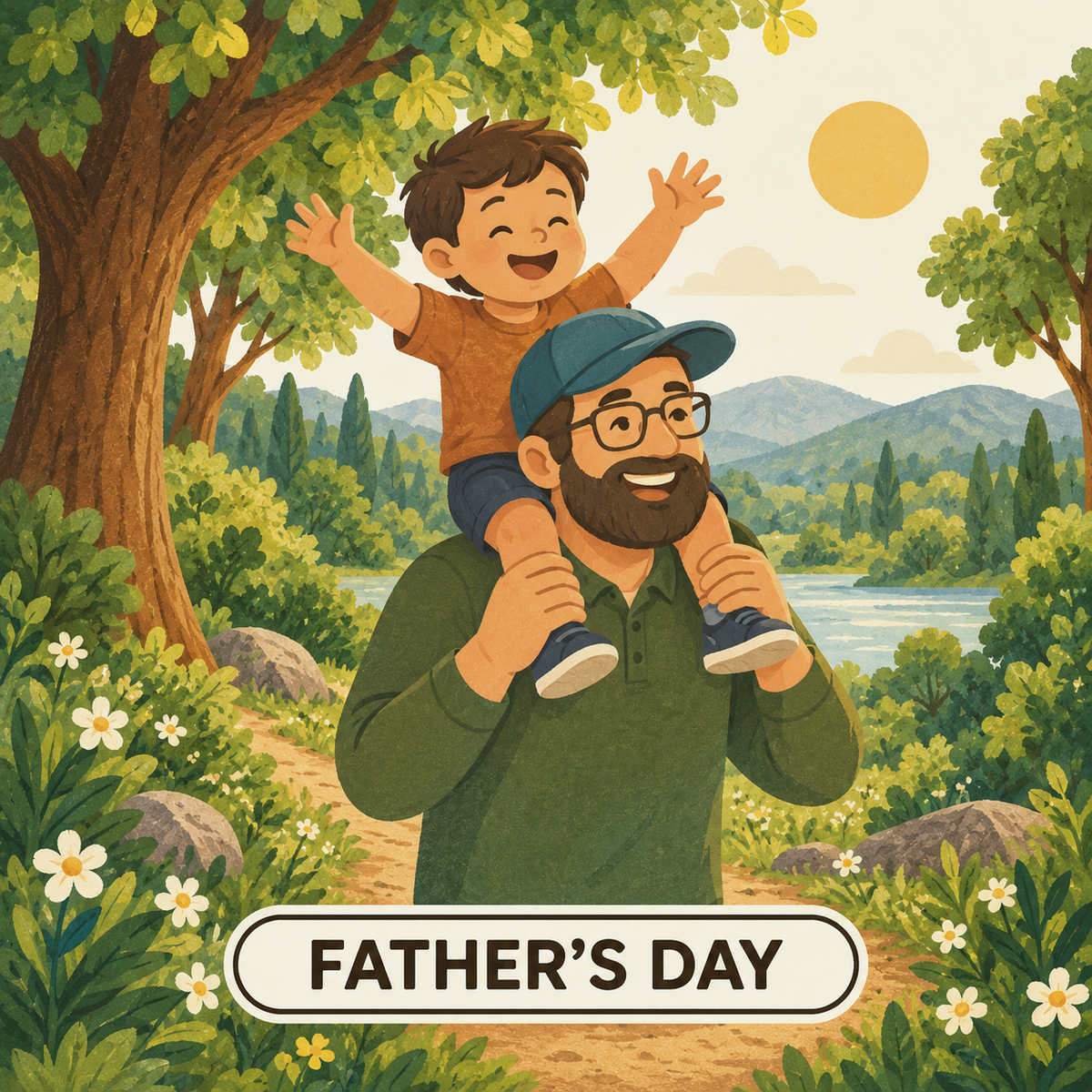 Greenr Gifts Father's Day gift illustration: A father carrying his laughing child on his shoulders in a leafy park