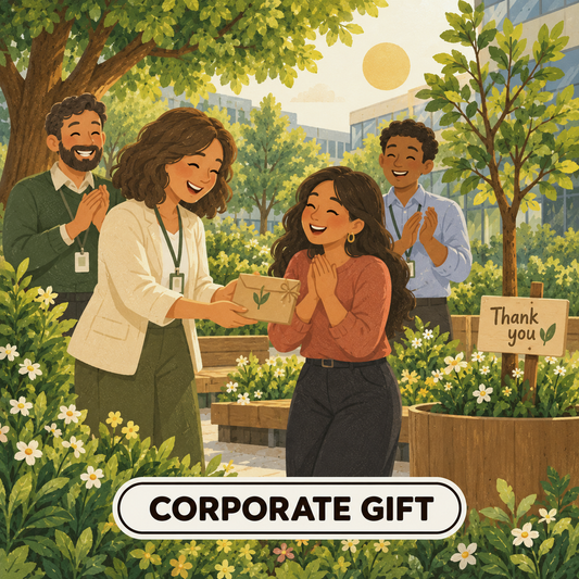 Greenr Gifts corporate gift illustration: A manager handing a gift envelope to a delighted colleague as coworkers applaud beside a young tree