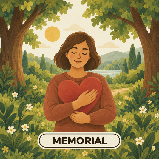 Greenr Gifts memorial gift illustration: A woman with eyes closed peacefully hugging a red heart in a sunlit glade