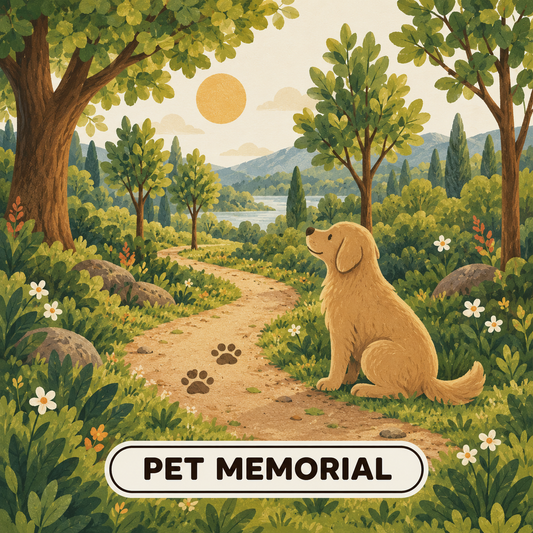 Greenr Gifts pet memorial gift illustration: A golden dog sitting calmly on a garden path with paw prints among young trees