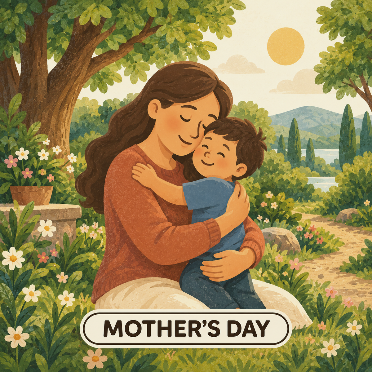 Greenr Gifts Mother's Day gift illustration: A mother hugging her young son close in a leafy garden