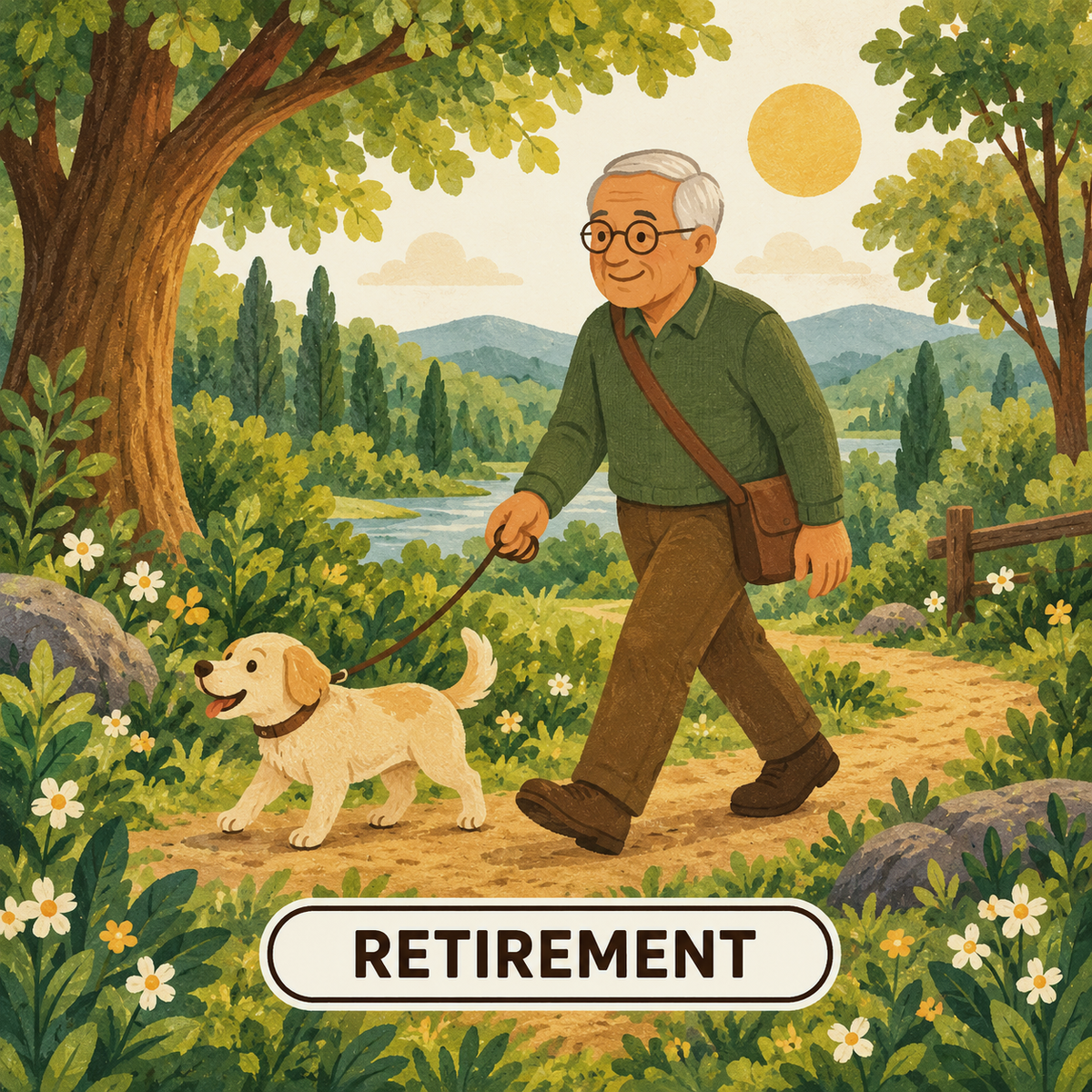 Greenr Gifts retirement gift illustration: A smiling retiree walking a small dog along a woodland path