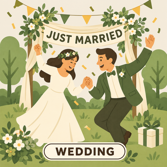 Greenr Gifts wedding gift illustration: A newly married couple celebrating under a Just Married banner among the trees